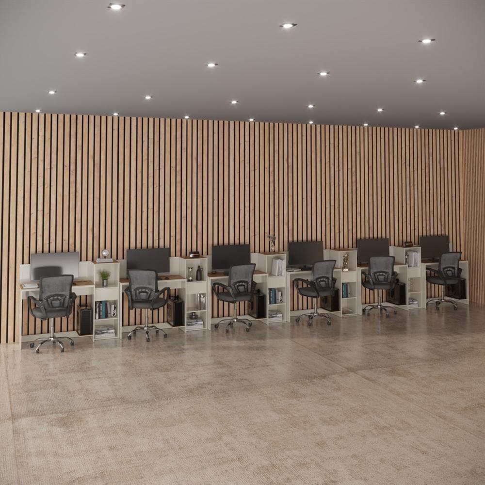 Conjunto De Escritório Tech 5 Livreiro E 6 Mesas 90cm - Vian - Off White E Cedro Off White E Cedro - 2