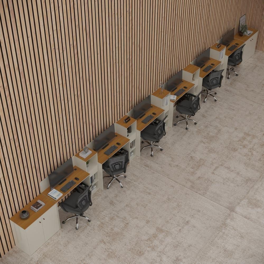 Conjunto De Escritório Tech 5 Livreiro 2 Buffet E 6 Mesas 90 - Off White E Cedro Off White E Cedro - 1