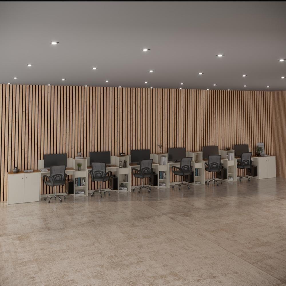 Conjunto De Escritório Tech 5 Livreiro 2 Buffet E 6 Mesas 90 - Off White E Cedro Off White E Cedro - 2