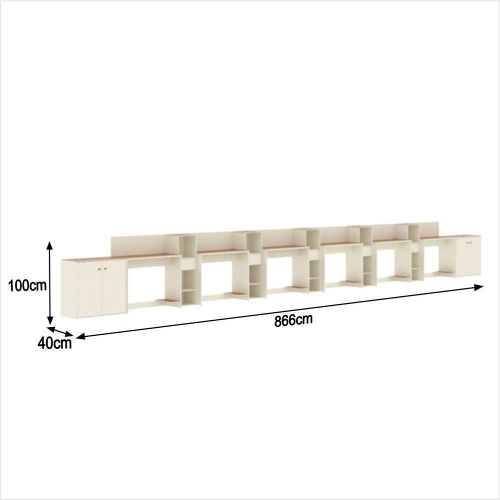 Conjunto De Escritório Tech 5 Livreiro 2 Buffet E 6 Mesas 90 - Off White E Cedro Off White E Cedro - 3