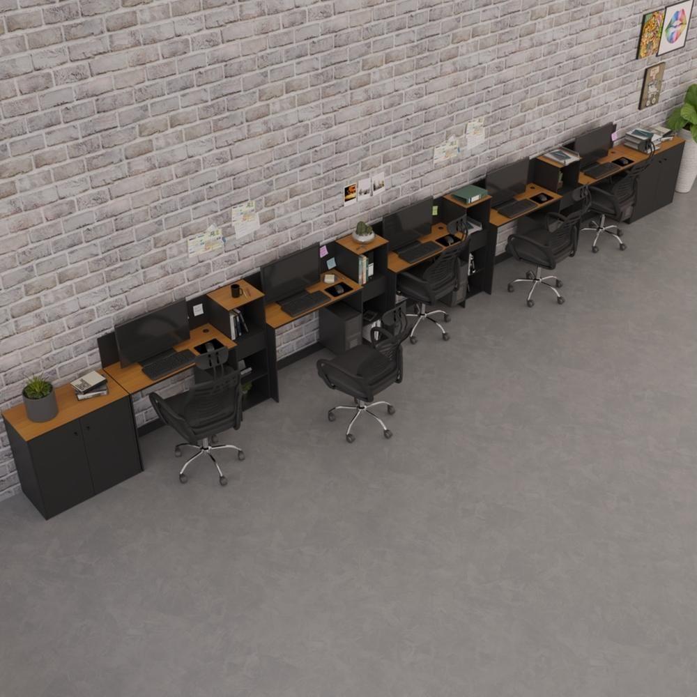 Conjunto De Escritório Tech 4 Livreiro 2 Buffet E 5 Mesas 90 - Preto E Cedro Preto E Cedro - 1