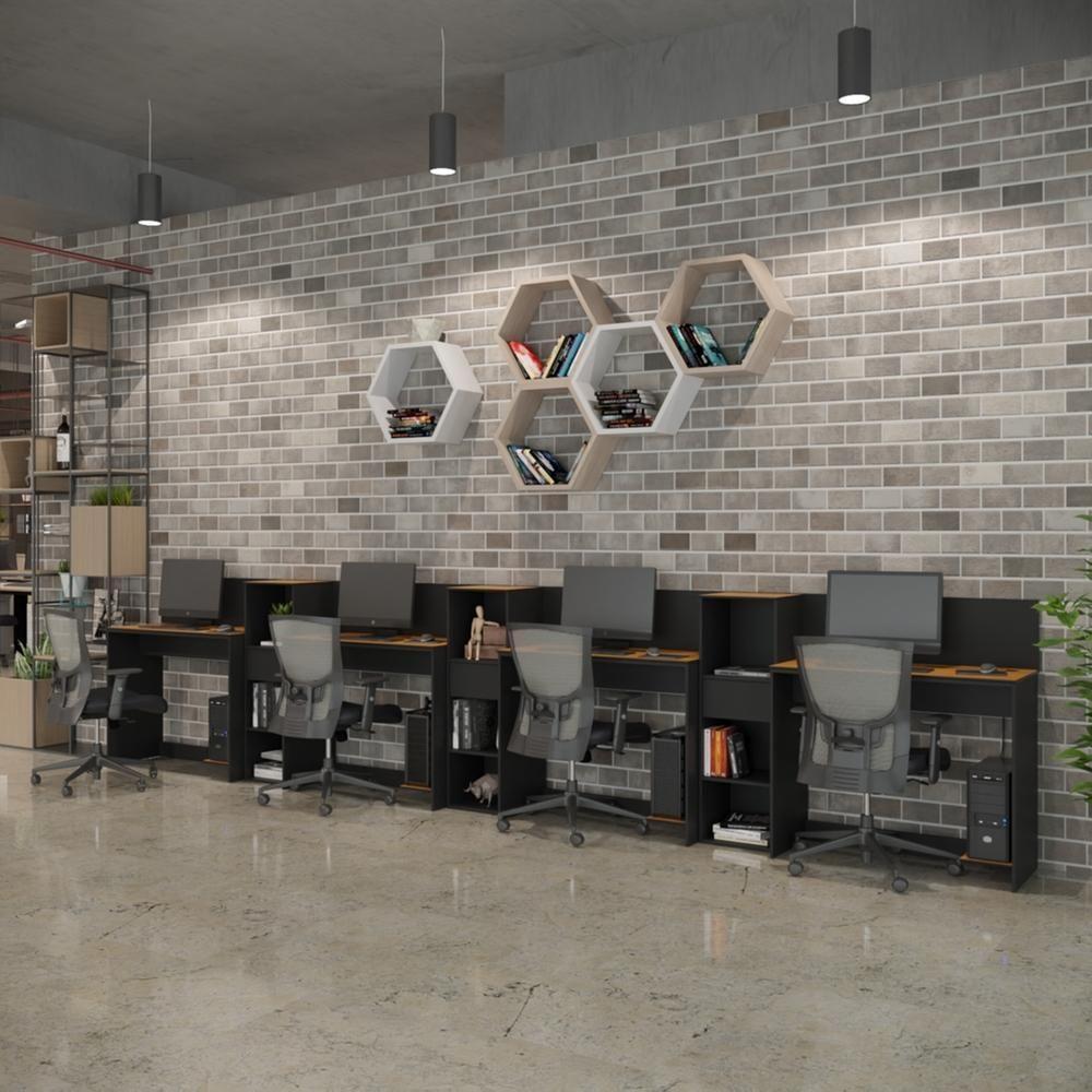 Conjunto De Escritório Tech 3 Livreiro E 4 Mesas 90cm - Vian - Preto E Cedro Preto E Cedro - 2