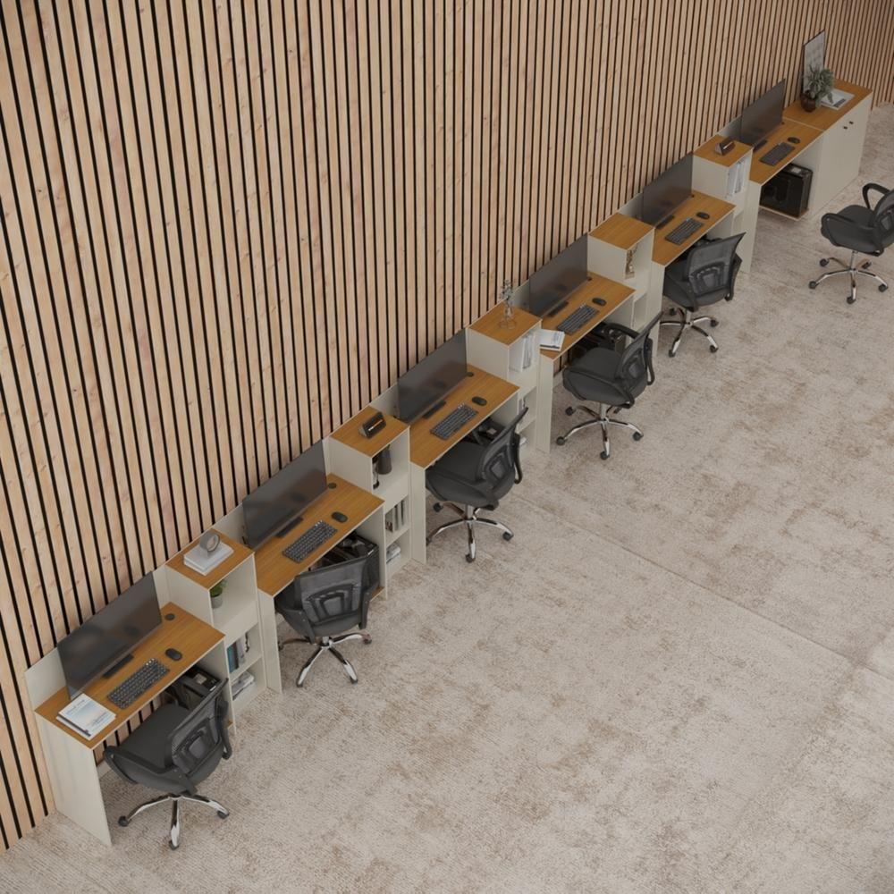 Conjunto De Escritório Tech 5 Livreiro 1 Buffet E 6 Mesas 90 - Off White E Cedro Off White E Cedro - 1