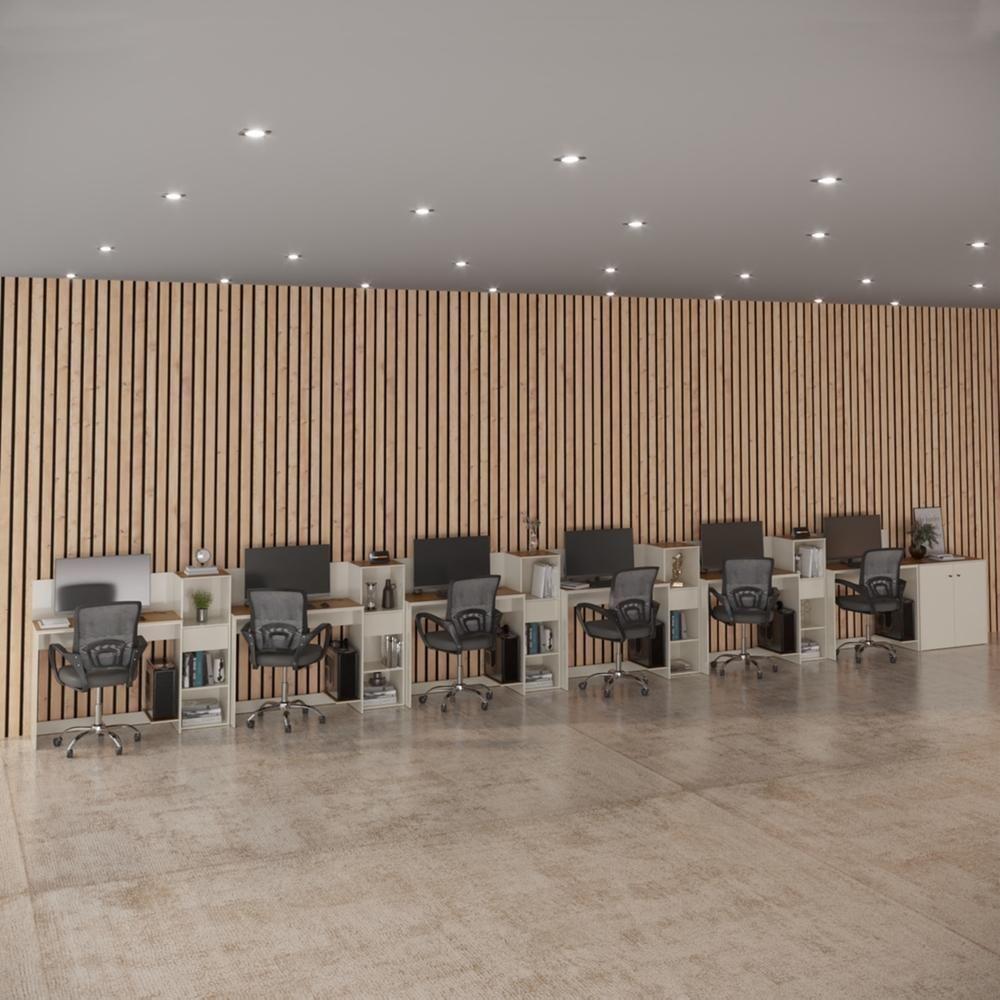 Conjunto De Escritório Tech 5 Livreiro 1 Buffet E 6 Mesas 90 - Off White E Cedro Off White E Cedro - 2