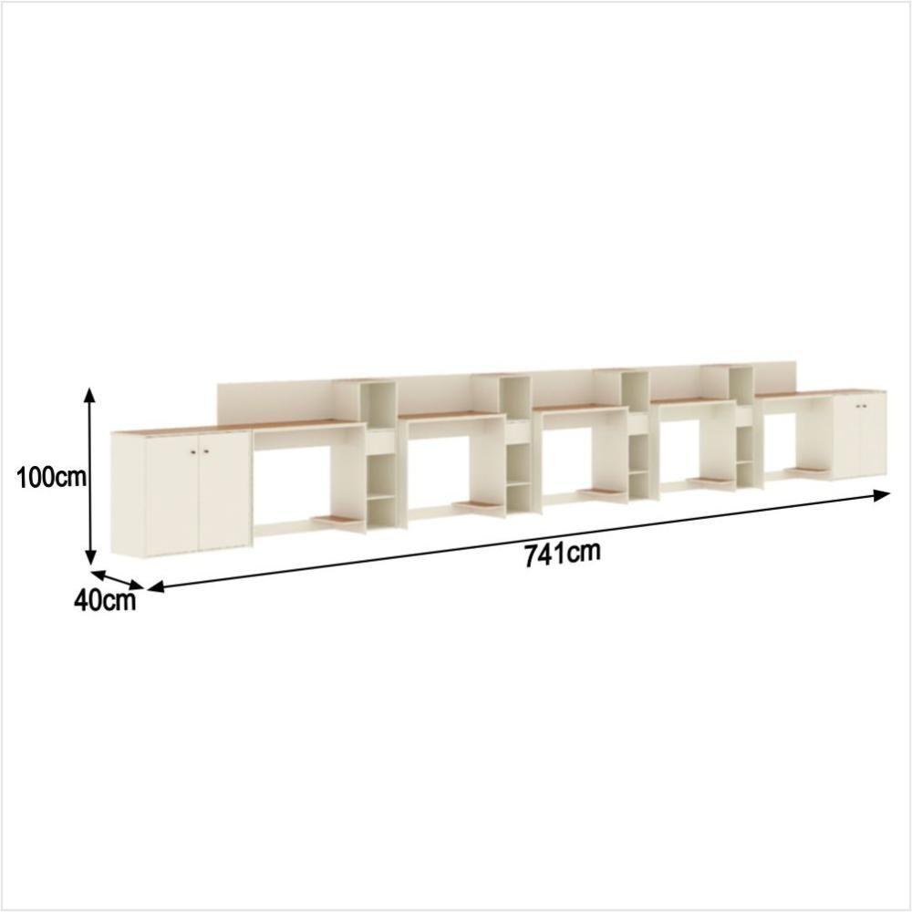 Conjunto De Escritório Tech 4 Livreiro 2 Buffet E 5 Mesas 90 - Off White E Cedro Off White E Cedro - 3