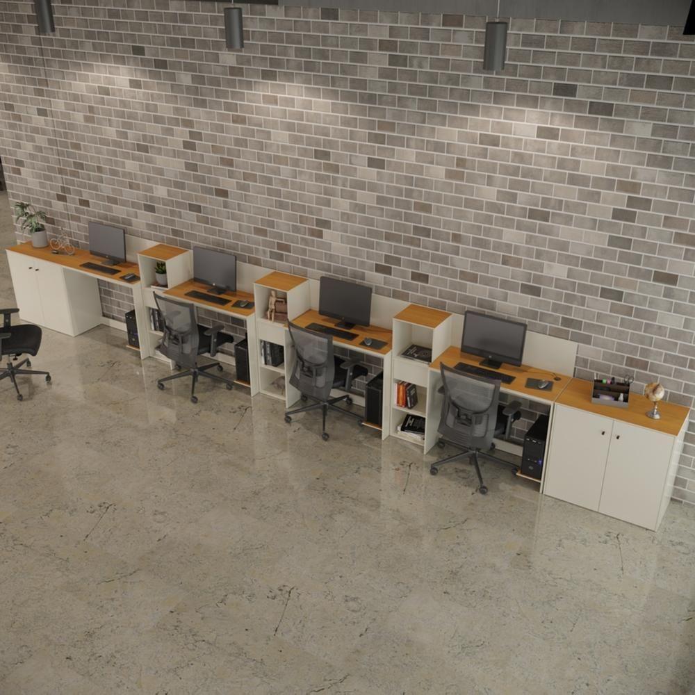 Conjunto De Escritório Tech 3 Livreiro 2 Buffet E 4 Mesas 90 - Off White E Cedro Off White E Cedro - 1