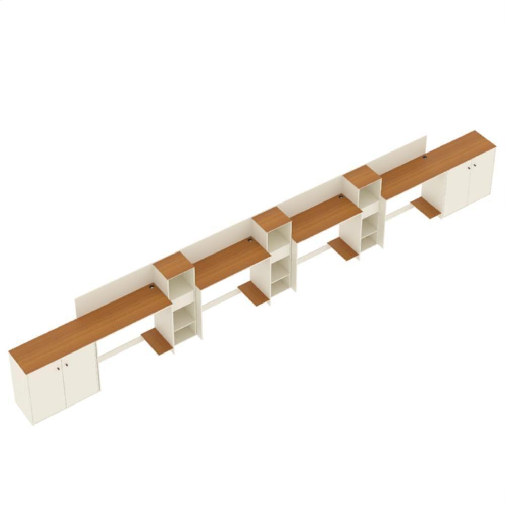 Conjunto De Escritório Tech 3 Livreiro 2 Buffet E 4 Mesas 90 - Off White E Cedro Off White E Cedro - 4