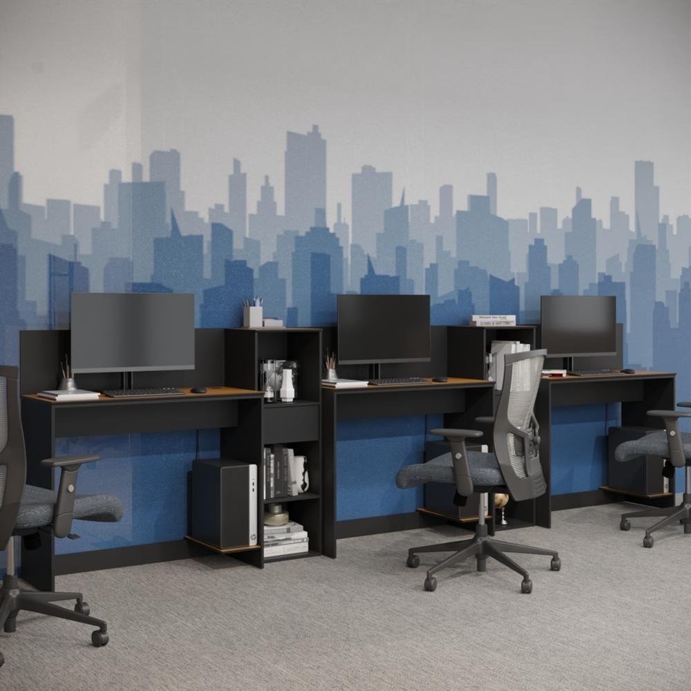 Conjunto De Escritório Tech 2 Livreiro E 3 Mesas 90cm - Vian - Preto E Cedro Preto E Cedro - 2