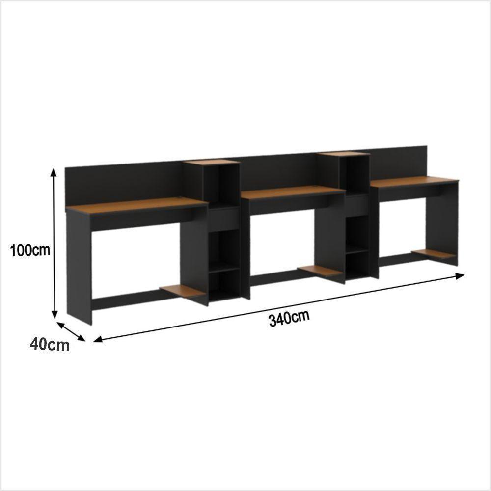 Conjunto De Escritório Tech 2 Livreiro E 3 Mesas 90cm - Vian - Preto E Cedro Preto E Cedro - 3