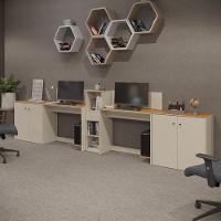 Conjunto De Escritório Tech 1 Livreiro 2 Buffet E 2 Mesas 90 - Off White E Cedro Off White E Cedro - 3