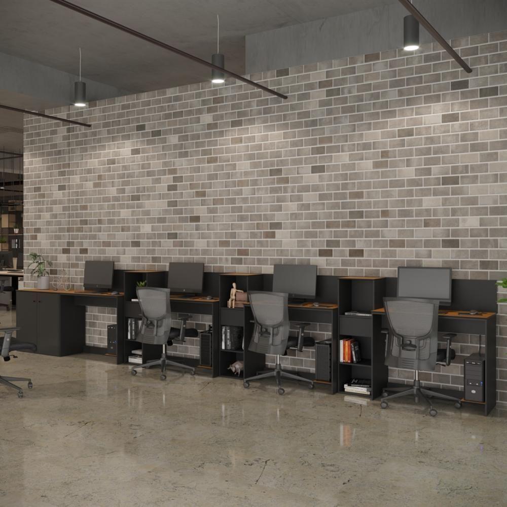 Conjunto De Escritório Tech 3 Livreiro 1 Buffet E 4 Mesas 90 - Preto E Cedro Preto E Cedro - 2