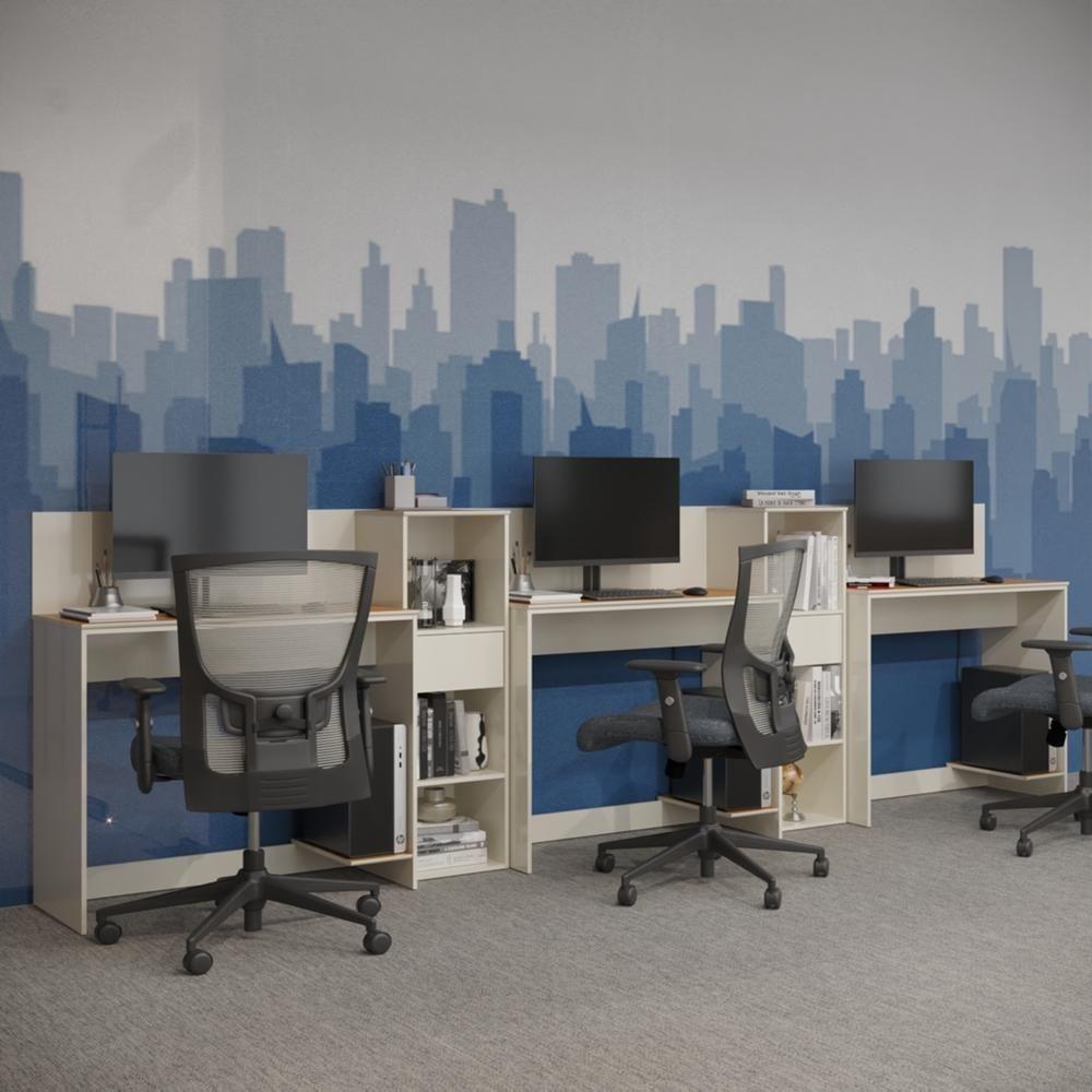 Conjunto De Escritório Tech 2 Livreiro E 3 Mesas 90cm - Vian - Off White E Cedro Off White E Cedro - 2