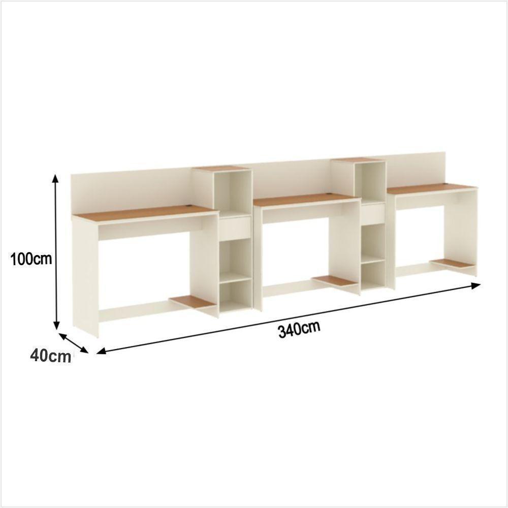 Conjunto De Escritório Tech 2 Livreiro E 3 Mesas 90cm - Vian - Off White E Cedro Off White E Cedro - 3