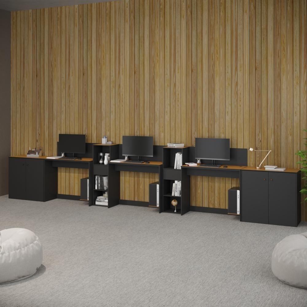 Conjunto De Escritório Tech 2 Livreiro 2 Buffet E 3 Mesas 90 - Preto E Cedro Preto E Cedro - 2