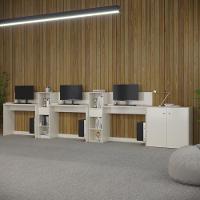 Conjunto De Escritório Tech 2 Livreiro 1 Buffet E 3 Mesas 90 - Off White E Cedro Off White E Cedro - 2