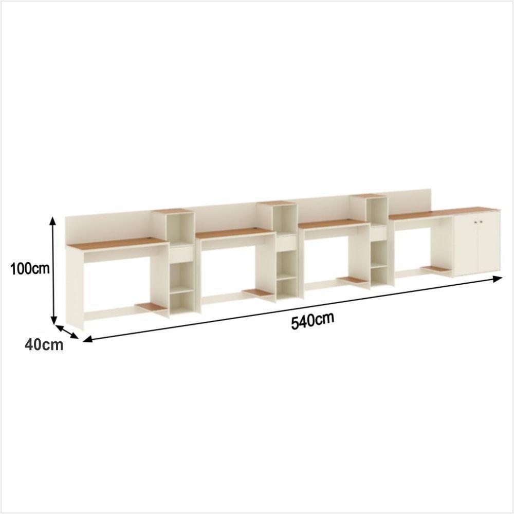 Conjunto De Escritório Tech 3 Livreiro 1 Buffet E 4 Mesas 90 - Off White E Cedro Off White E Cedro - 3
