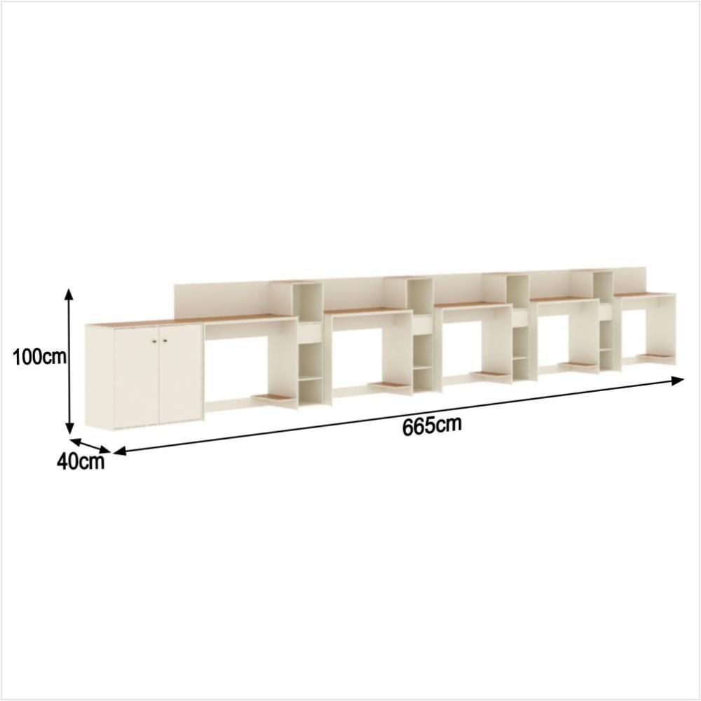 Conjunto De Escritório Tech 4 Livreiro 1 Buffet E 5 Mesas 90 - Off White E Cedro Off White E Cedro - 3