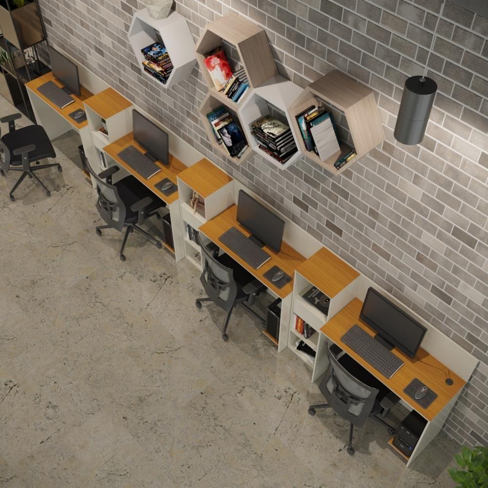 Conjunto De Escritório Tech 3 Livreiro E 4 Mesas 90cm - Vian - Off White E Cedro Off White E Cedro - 1