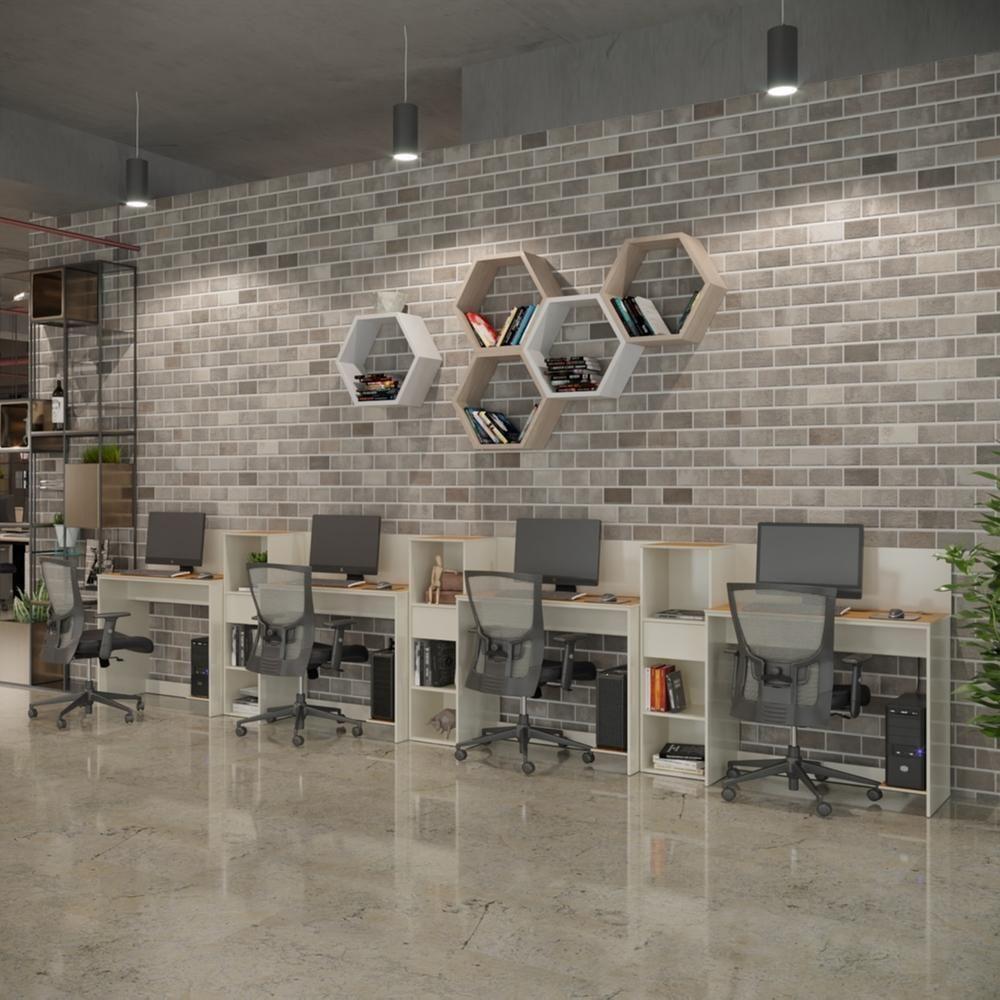 Conjunto De Escritório Tech 3 Livreiro E 4 Mesas 90cm - Vian - Off White E Cedro Off White E Cedro - 2