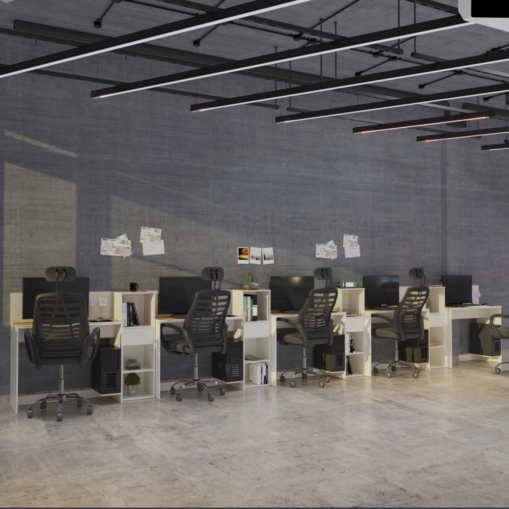 Conjunto De Escritório Tech 4 Livreiro E 5 Mesas 90cm - Vian - Off White E Cedro Off White E Cedro - 2