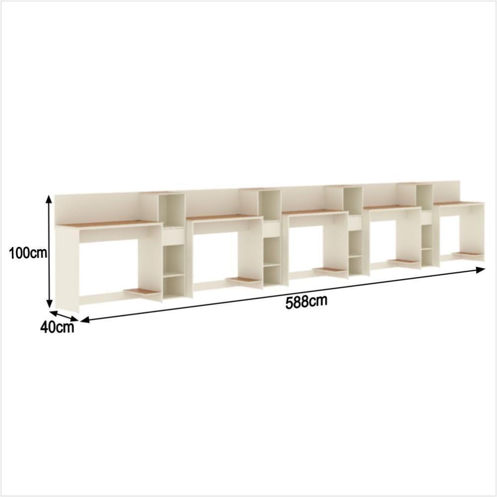 Conjunto De Escritório Tech 4 Livreiro E 5 Mesas 90cm - Vian - Off White E Cedro Off White E Cedro - 3