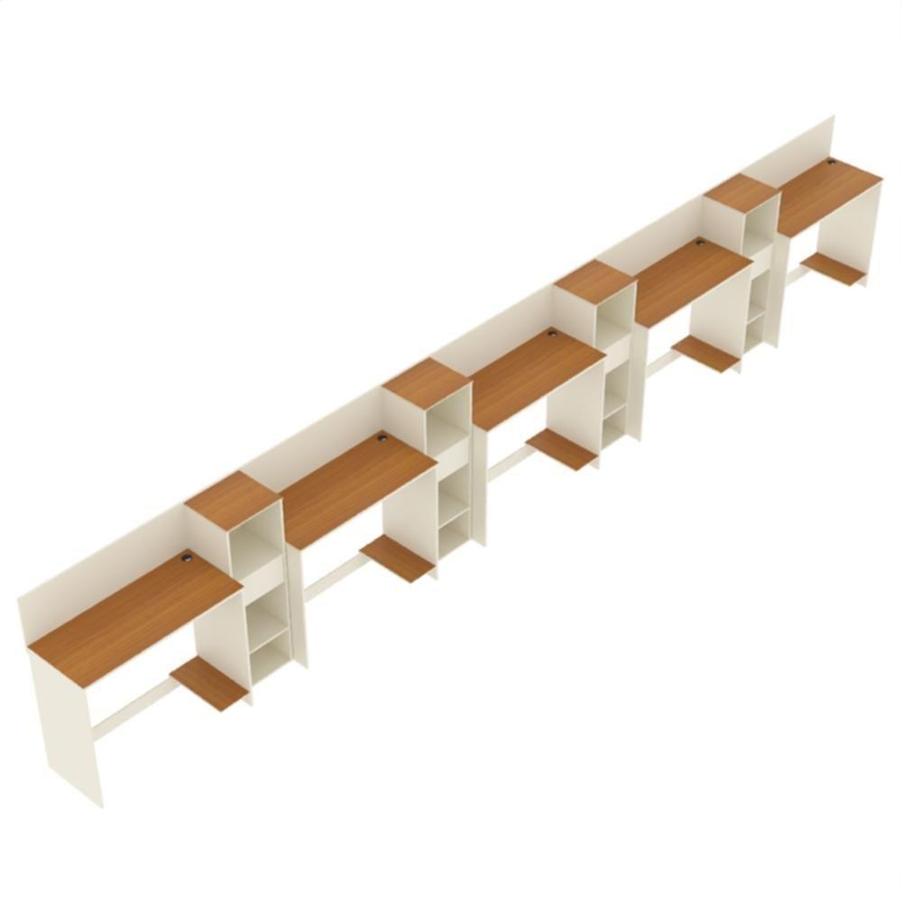Conjunto De Escritório Tech 4 Livreiro E 5 Mesas 90cm - Vian - Off White E Cedro Off White E Cedro - 4