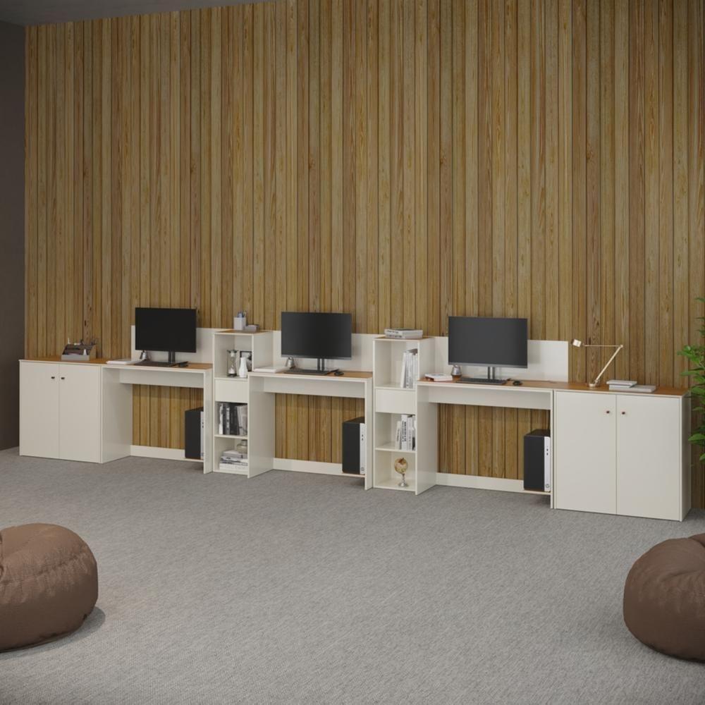 Conjunto De Escritório Tech 2 Livreiro 2 Buffet E 3 Mesas 90 - Off White E Cedro Off White E Cedro - 2