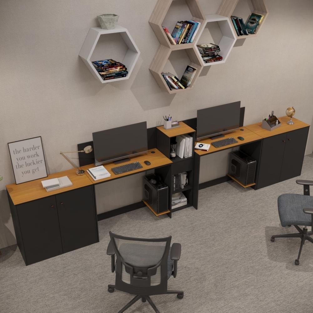 Conjunto De Escritório Tech 1 Livreiro 2 Buffet E 2 Mesas 90 - Preto E Cedro Preto E Cedro - 1