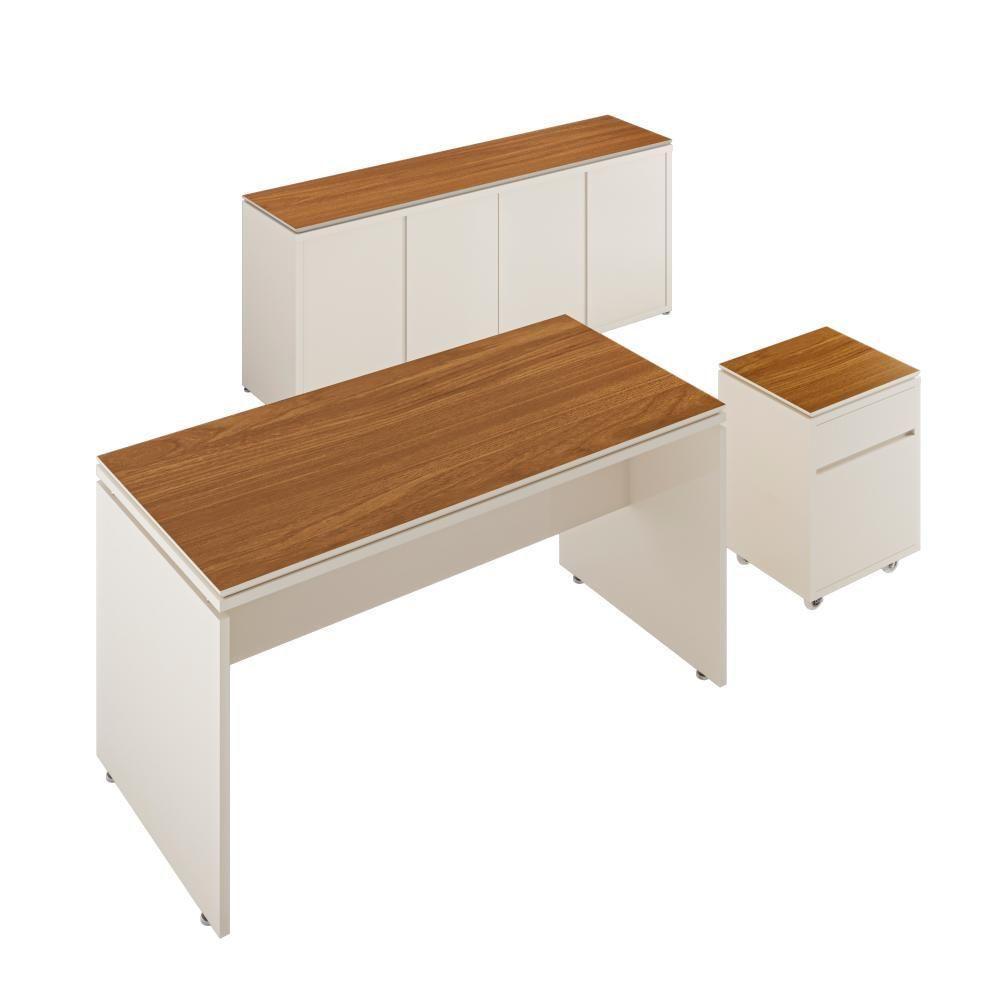Conjunto De Escritório Office 3 Peças Mesa Gaveteiro Balcão - Off White E Cedro Off White E Cedro - 1