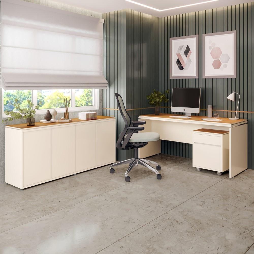 Conjunto De Escritório Office 3 Peças Mesa Gaveteiro Balcão - Off White E Cedro Off White E Cedro - 2