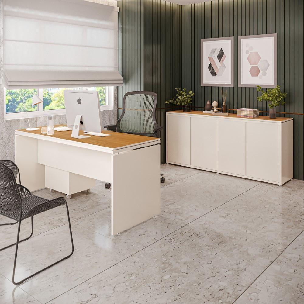 Conjunto De Escritório Office 3 Peças Mesa Gaveteiro Balcão - Off White E Cedro Off White E Cedro - 3