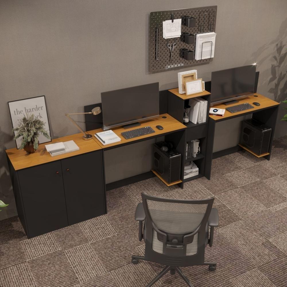 Conjunto De Escritório Tech 1 Livreiro 1 Buffet E 2 Mesas 90 - Preto E Cedro Preto E Cedro - 1