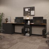 Conjunto De Escritório Tech 1 Livreiro 1 Buffet E 2 Mesas 90 - Preto E Cedro Preto E Cedro - 2