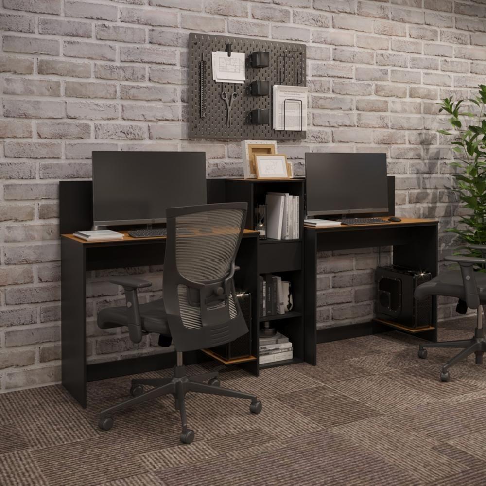 Conjunto De Escritório Tech 1 Livreiro E 2 Mesas 90cm - Vian - Preto E Cedro Preto E Cedro - 2