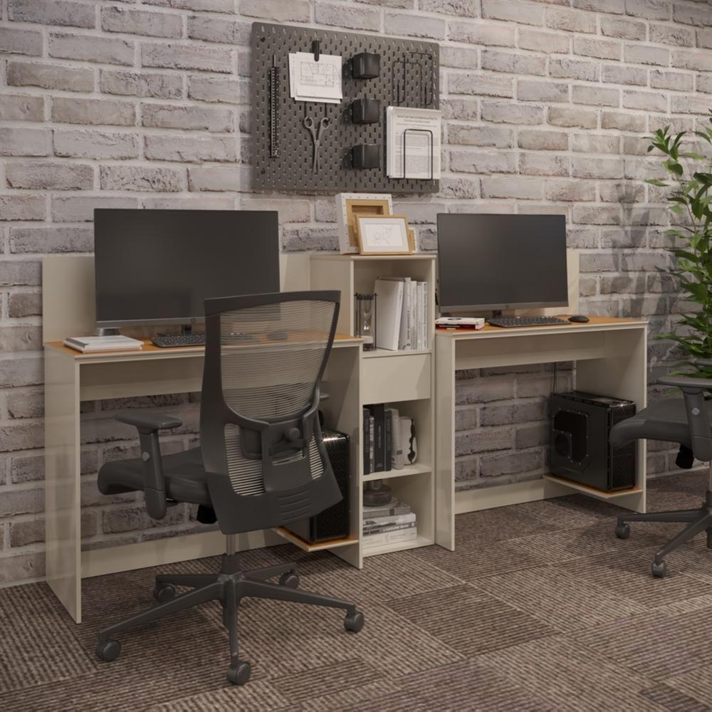 Conjunto De Escritório Tech 1 Livreiro E 2 Mesas 90cm - Vian - Off White E Cedro Off White E Cedro - 2