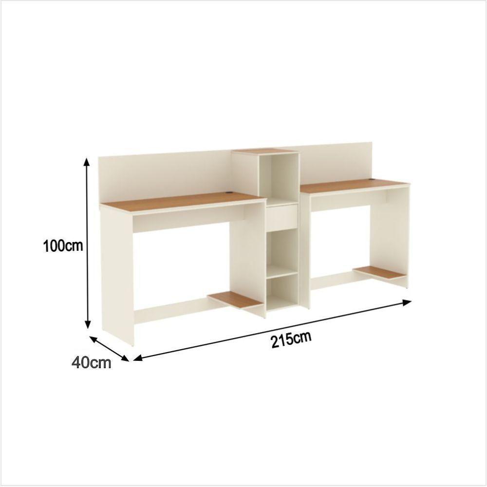 Conjunto De Escritório Tech 1 Livreiro E 2 Mesas 90cm - Vian - Off White E Cedro Off White E Cedro - 3