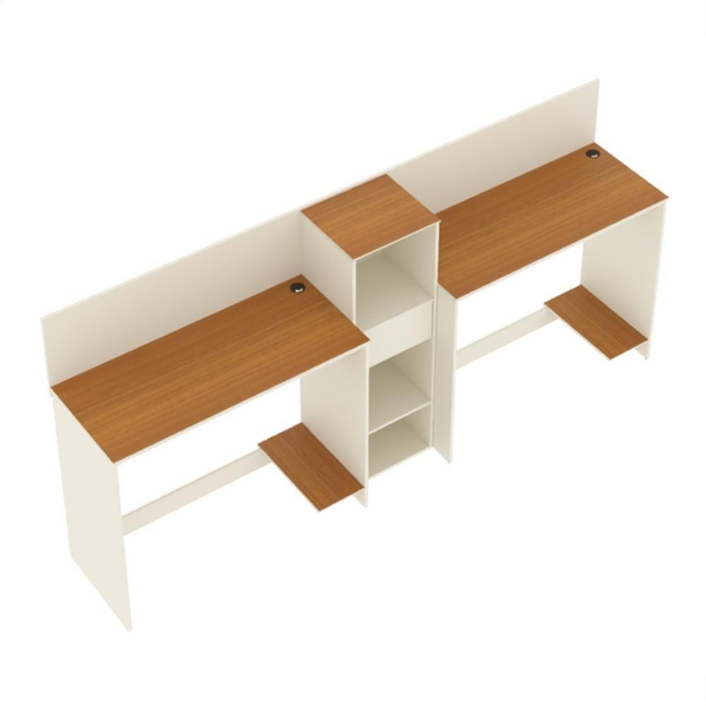 Conjunto De Escritório Tech 1 Livreiro E 2 Mesas 90cm - Vian - Off White E Cedro Off White E Cedro - 4