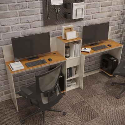 Conjunto De Escritório Tech 1 Livreiro E 2 Mesas 90cm - Vian - Off White E Cedro Off White E Cedro