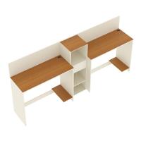 Conjunto De Escritório Tech 1 Livreiro E 2 Mesas 90cm - Vian - Off White E Cedro Off White E Cedro