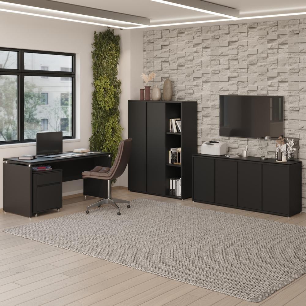 Conjunto De Escritório Office 4 Peças Mesa Gaveteiro Balcão - Preto Preto - 1