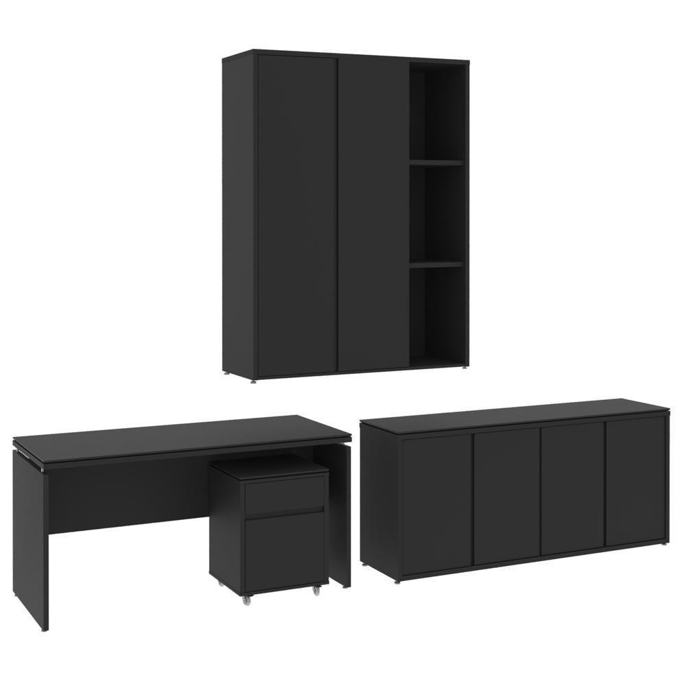 Conjunto De Escritório Office 4 Peças Mesa Gaveteiro Balcão - Preto Preto - 3