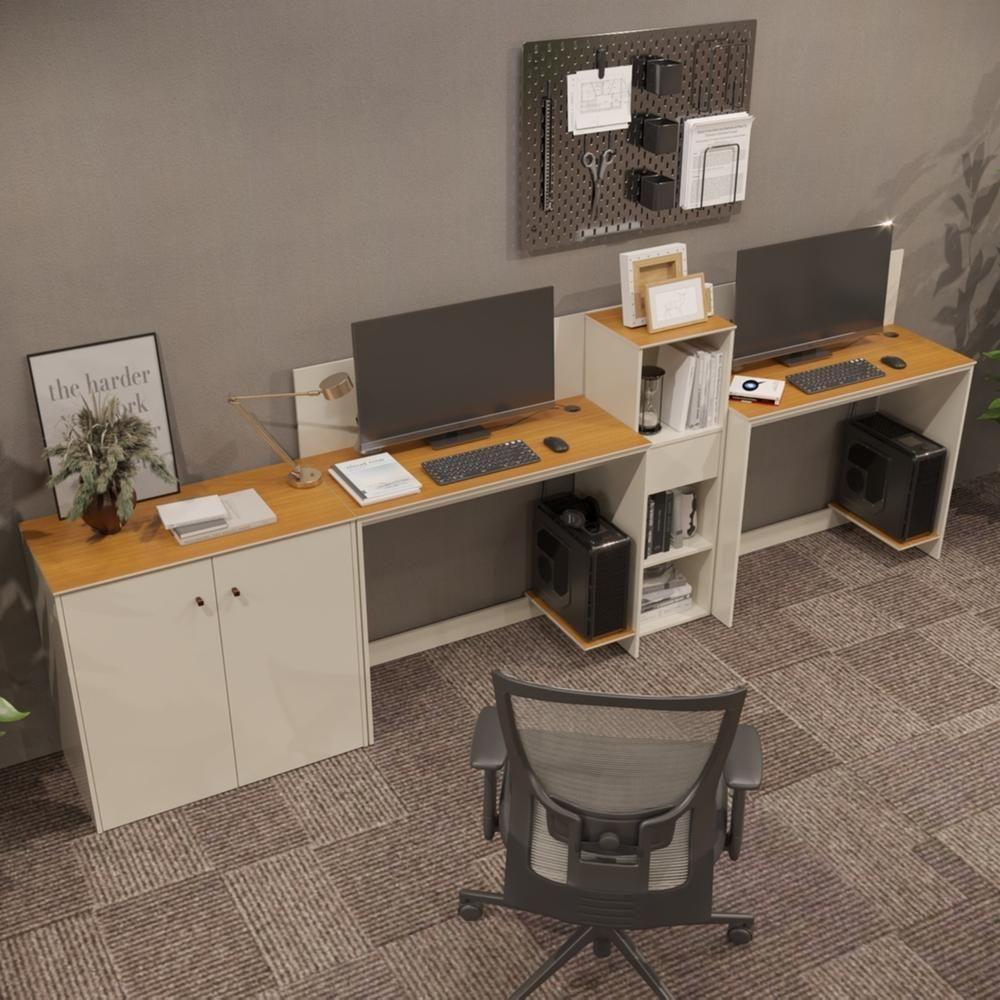 Conjunto De Escritório Tech 1 Livreiro 1 Buffet E 2 Mesas 90 - Off White E Cedro Off White E Cedro - 1