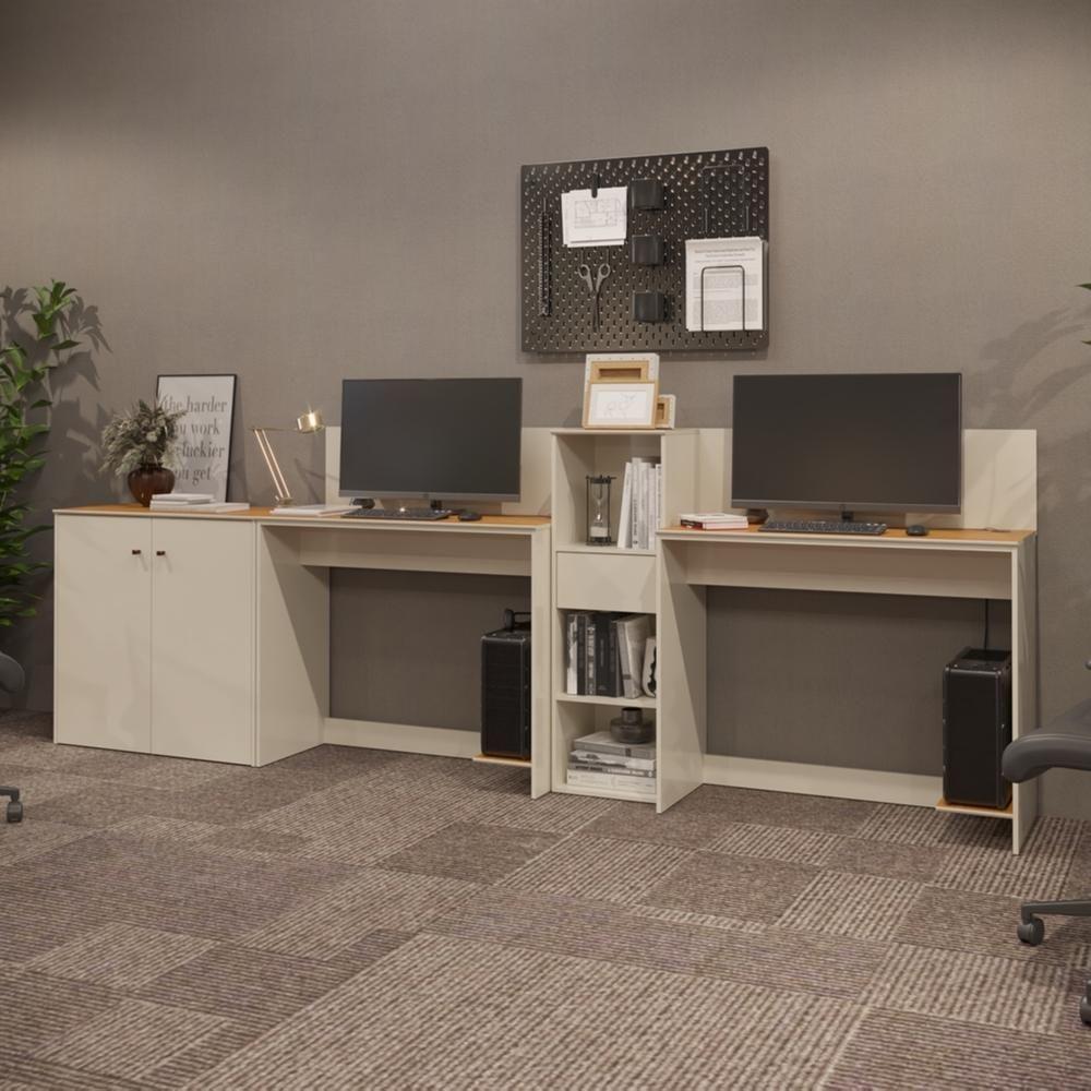 Conjunto De Escritório Tech 1 Livreiro 1 Buffet E 2 Mesas 90 - Off White E Cedro Off White E Cedro - 2