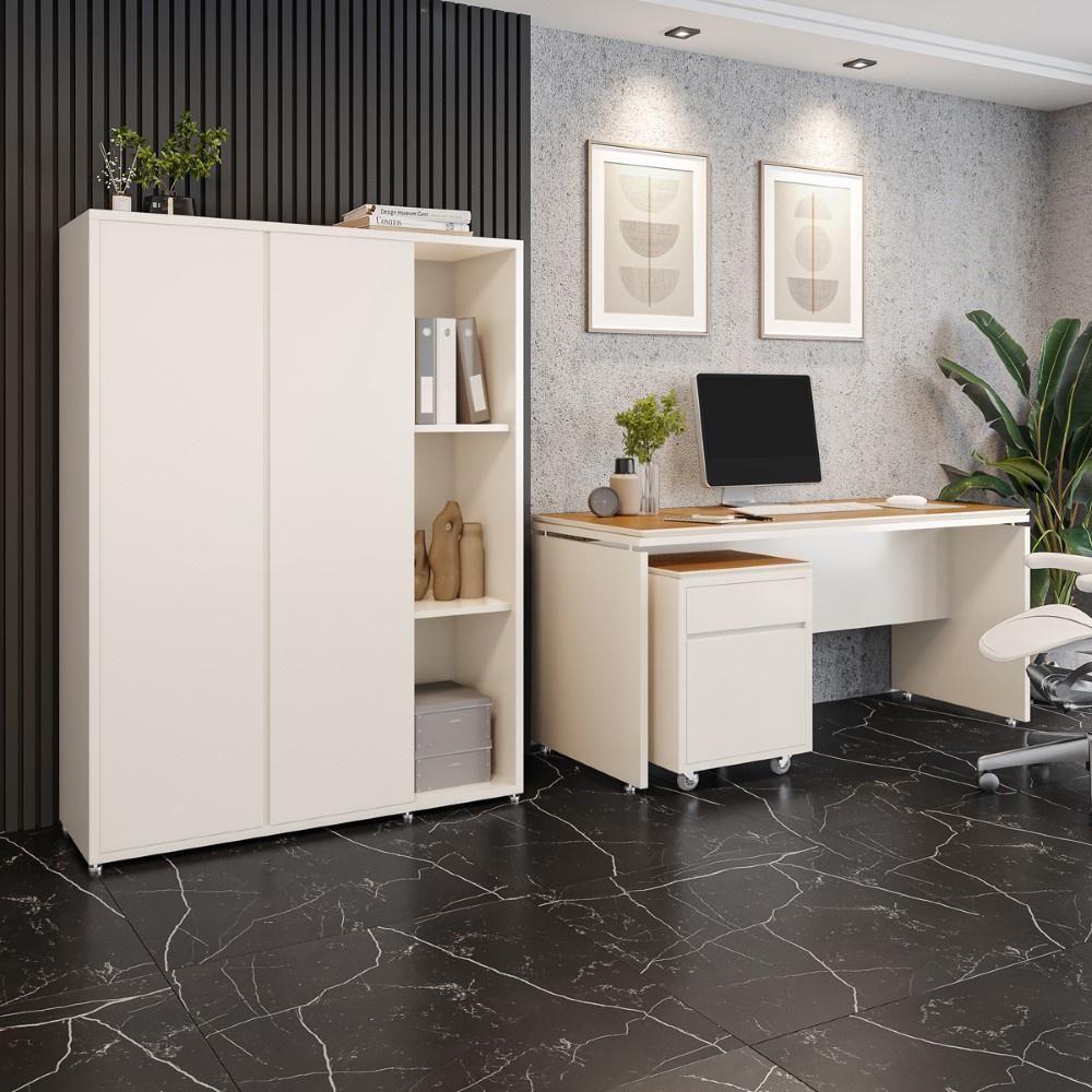 Conjunto De Escritório Office 3 Peças Mesa Gaveteiro Armário - Off White E Cedro Off White E Cedro - 2
