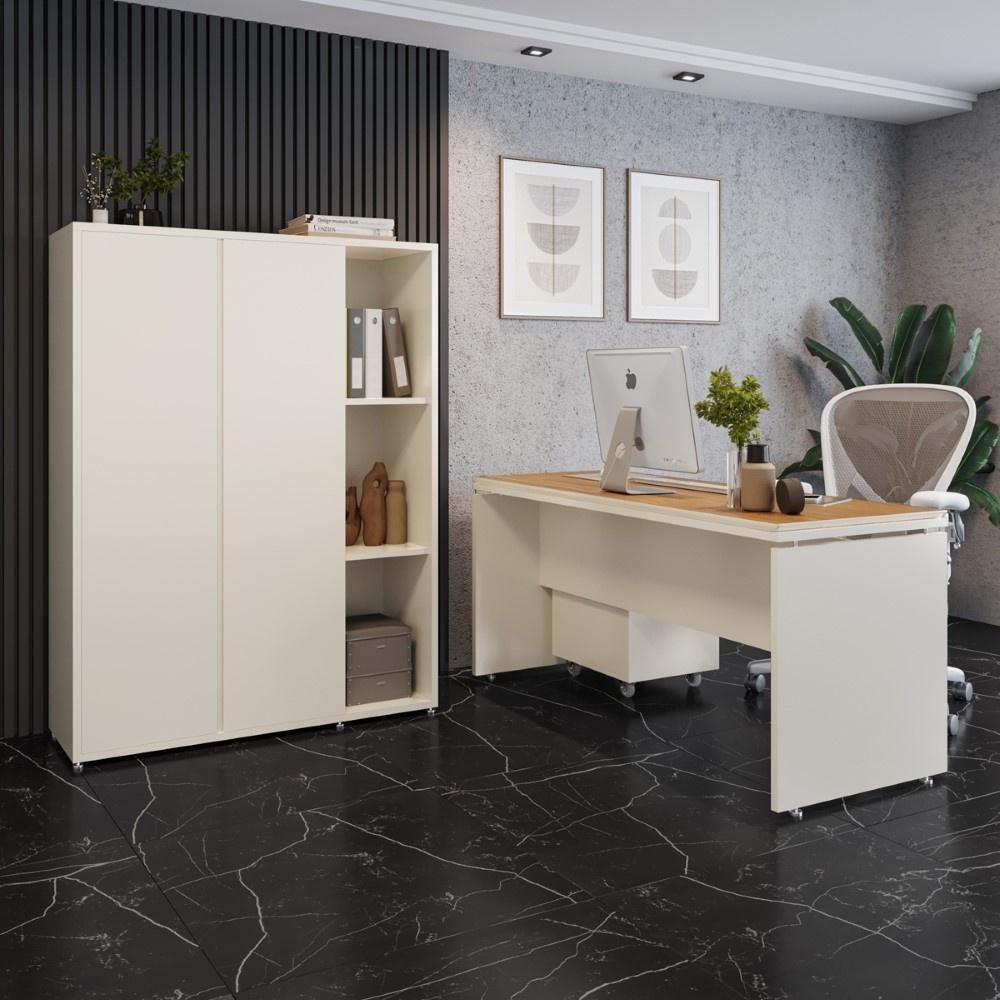Conjunto De Escritório Office 3 Peças Mesa Gaveteiro Armário - Off White E Cedro Off White E Cedro - 3