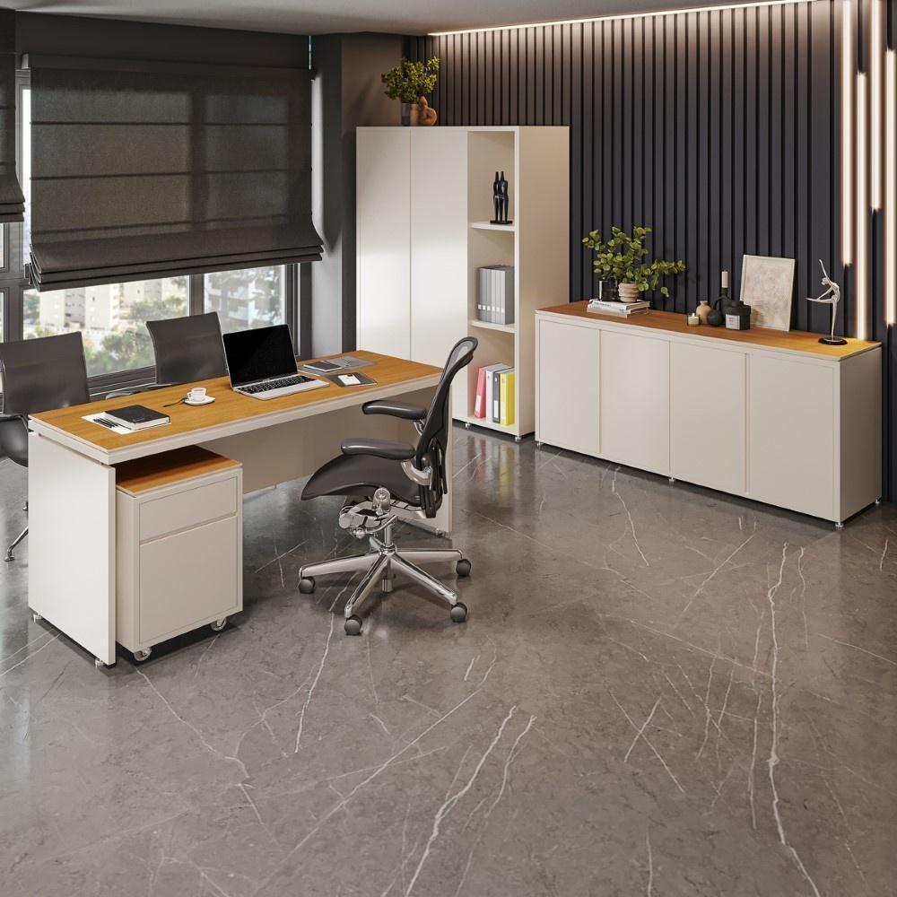 Conjunto De Escritório Office 4 Peças Mesa Gaveteiro Balcão - Off White E Cedro Off White E Cedro - 2