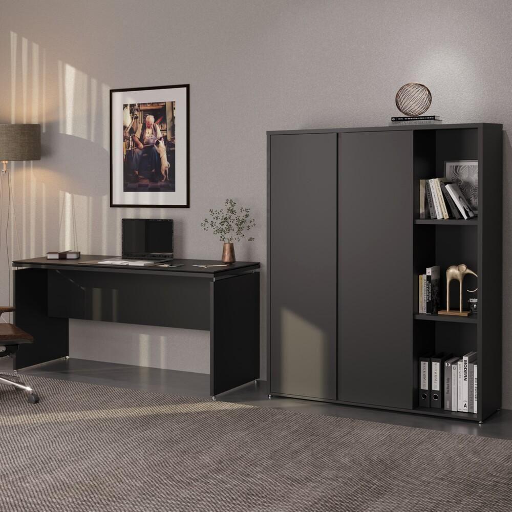 Conjunto De Escritório Office 2 Peças Mesa Armário Alto Tund - Preto Preto - 1