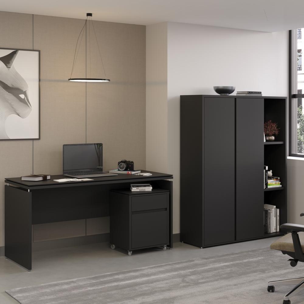 Conjunto De Escritório Office 3 Peças Mesa Gaveteiro Armário - Preto Preto - 1