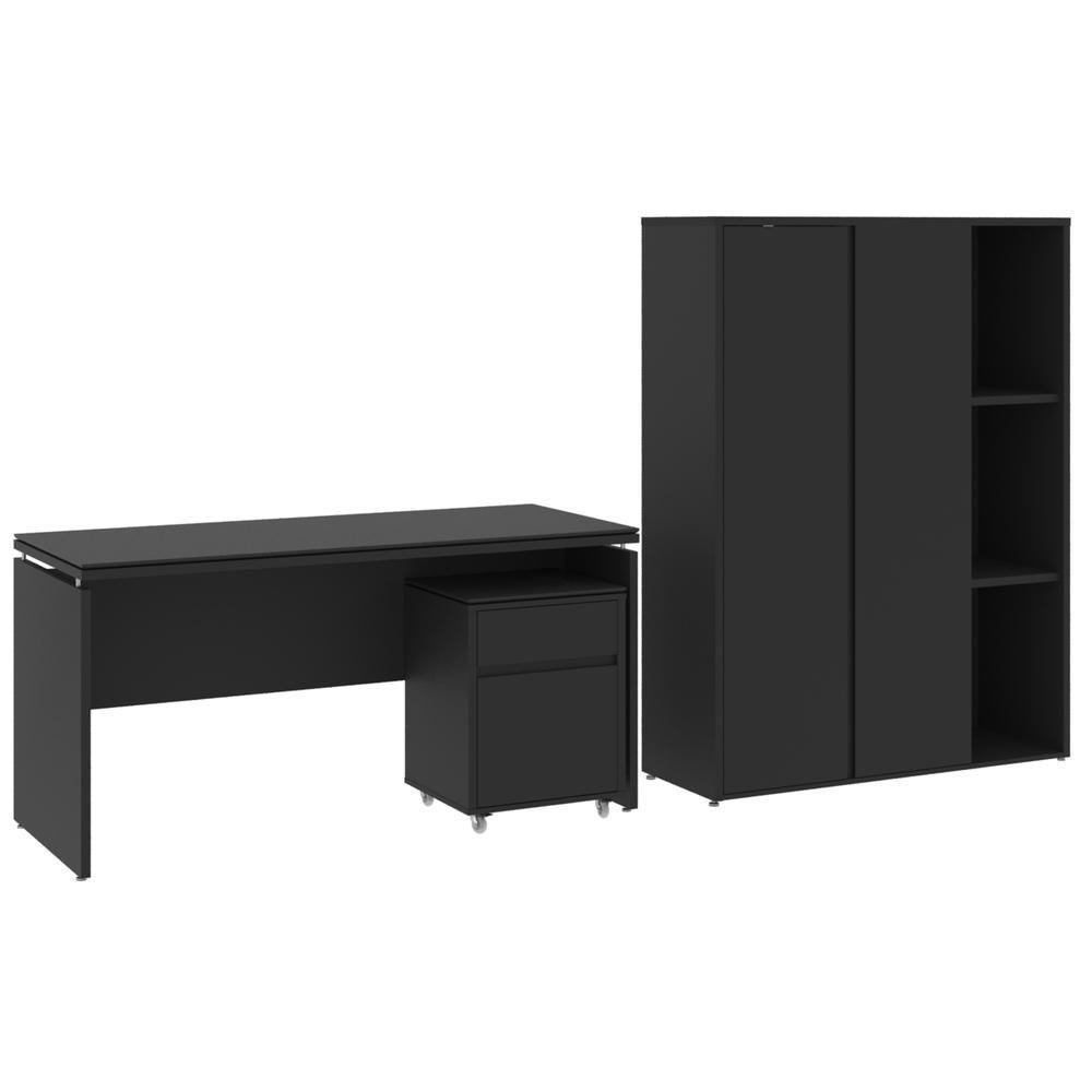Conjunto De Escritório Office 3 Peças Mesa Gaveteiro Armário - Preto Preto - 9