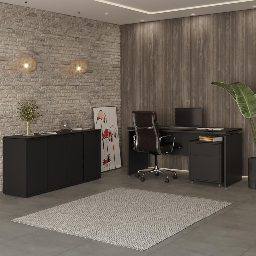Conjunto De Escritório Office 3 Peças Mesa Gaveteiro Balcão - Preto Preto - 1
